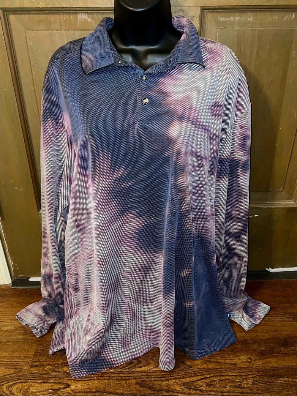 Tommy Bahama Polo Shirt Navy Acid Wash Long Sleeve Coastal Casual Size XL